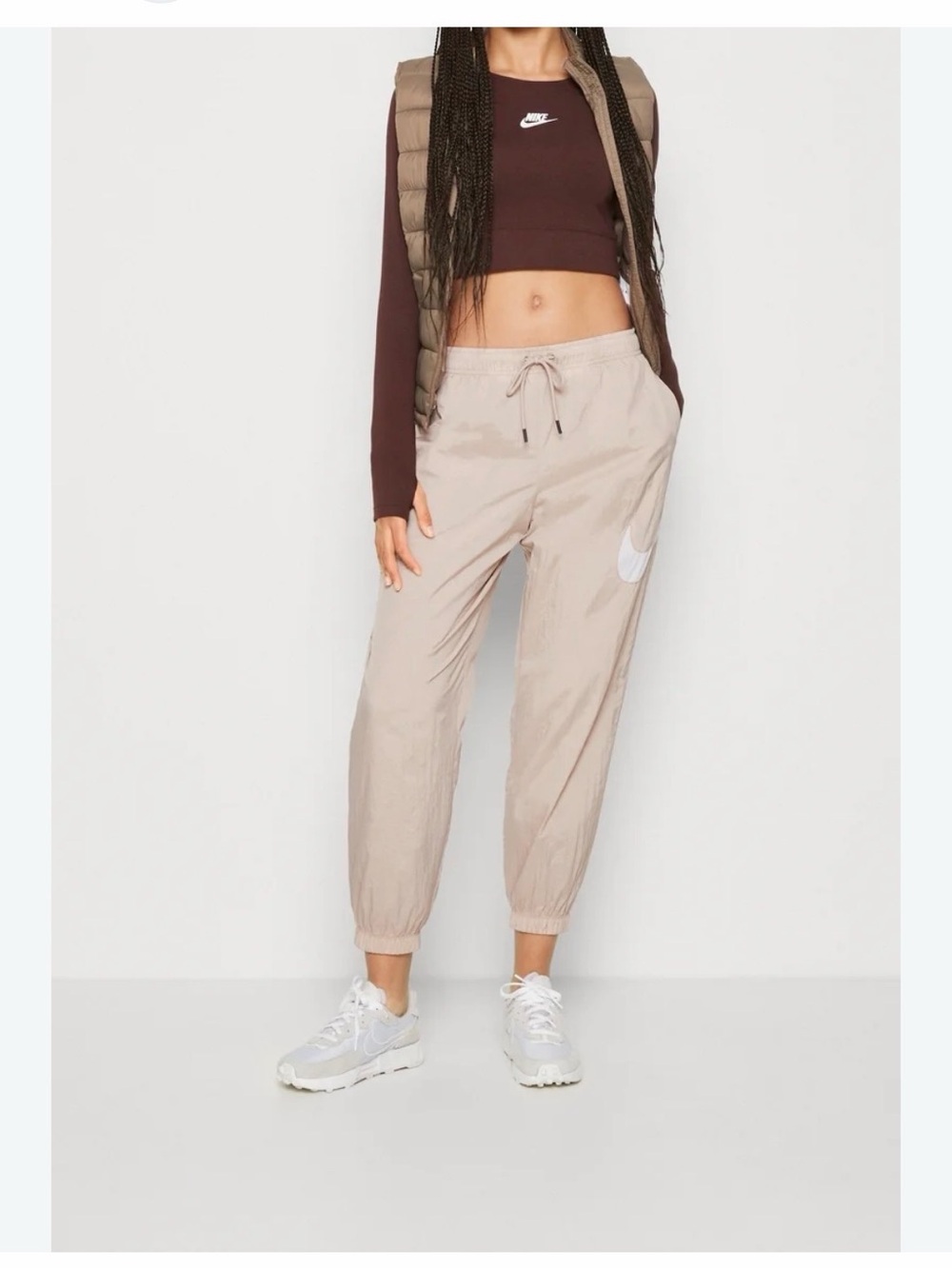 Nike Women's Taupe Drawstring Track Joggers with White Swoosh 80’s -90’s Style